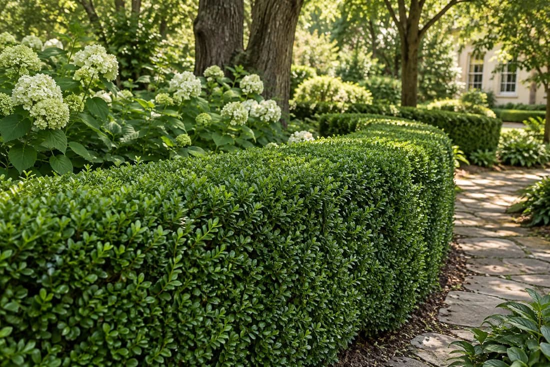 A neatly trimmed hedge beside a garden path