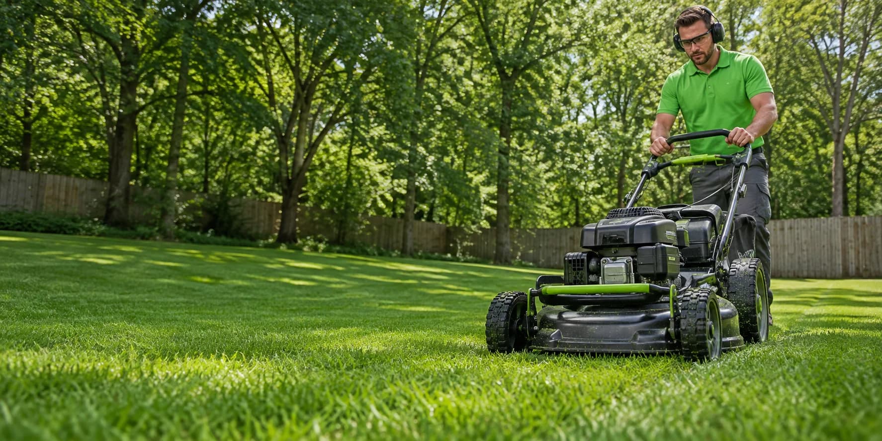 A lawn care professional in a green uniform mowing a lawn