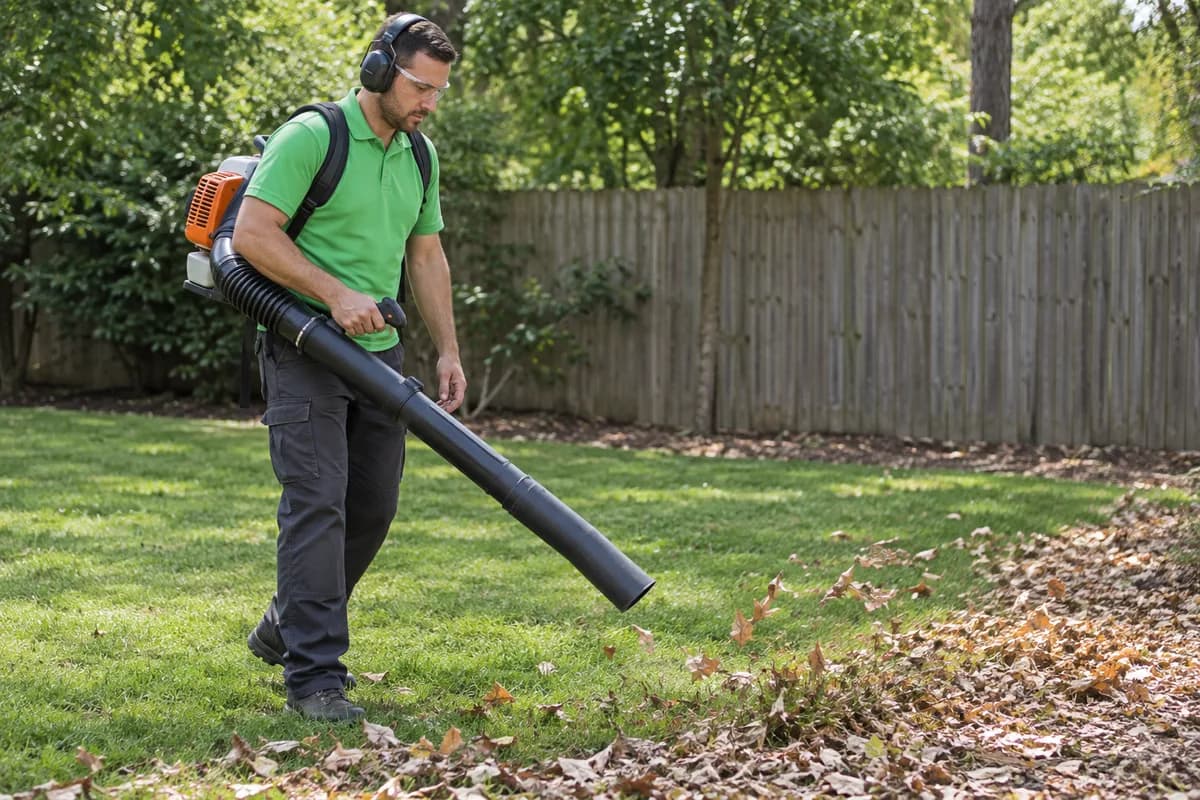 A lawn care professional clearing leaves from a residential property