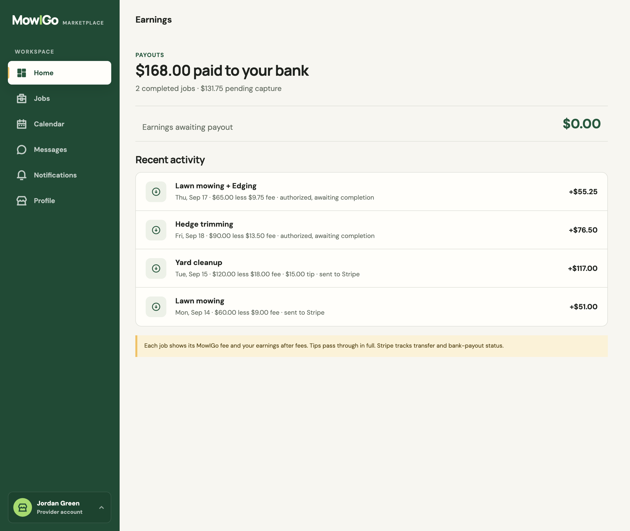 MowIGo earnings screen showing sample bank payouts, pending payments, and a per-job breakdown of service payments, platform fees, and tips.