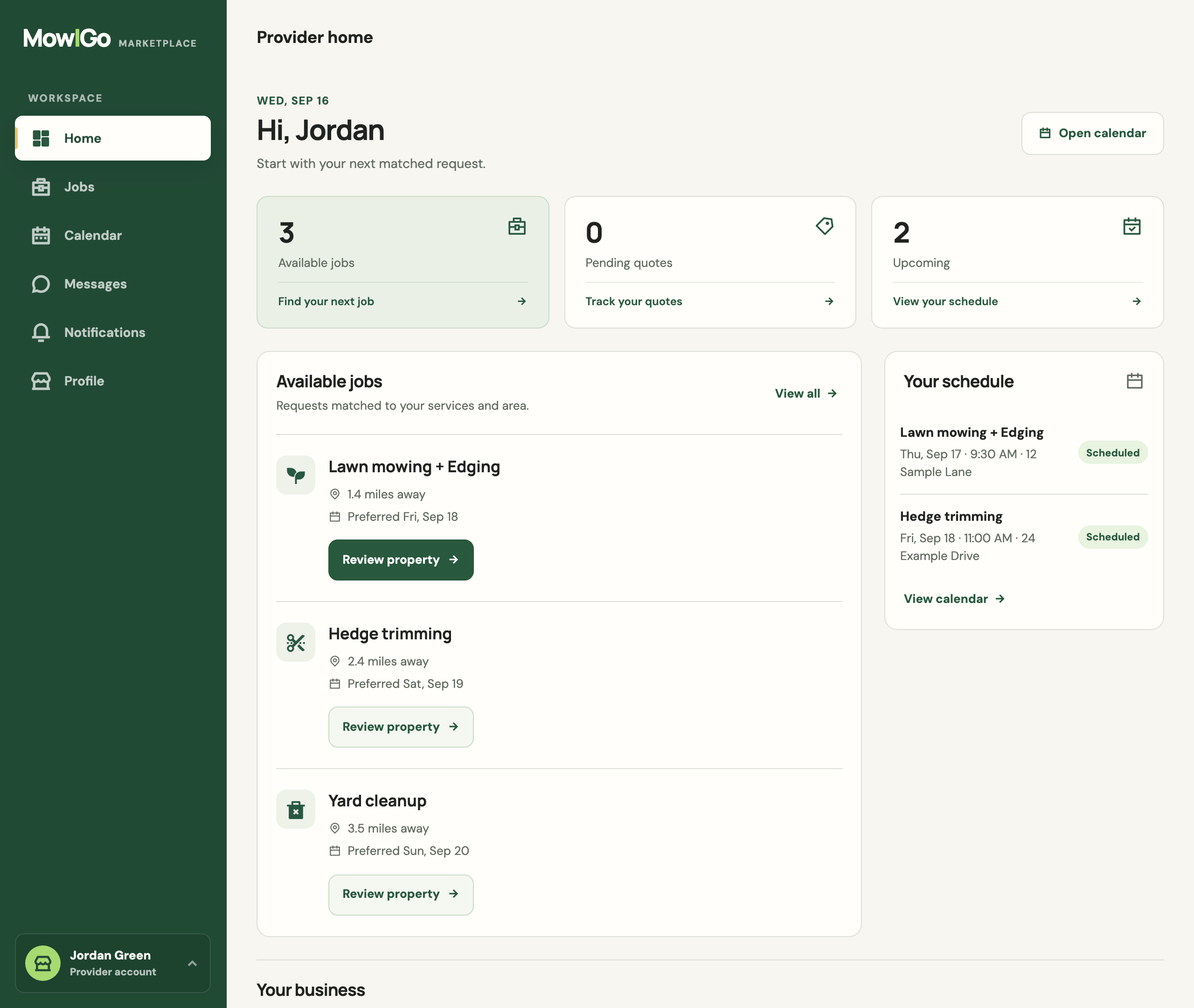 MowIGo provider dashboard showing three available requests, their distance and preferred dates, and upcoming booked jobs.