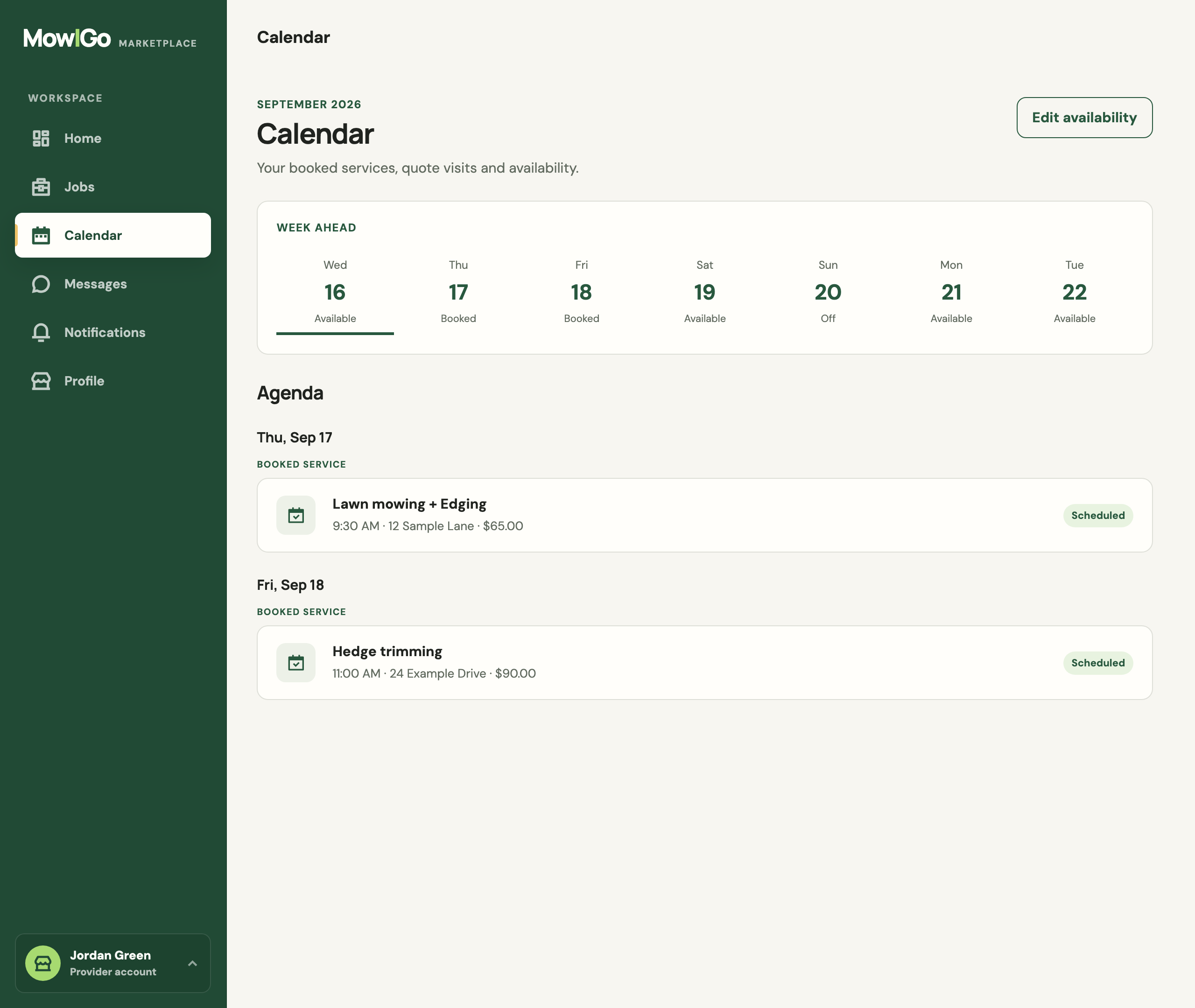 MowIGo provider calendar showing availability for the week and scheduled lawn mowing and hedge trimming jobs.