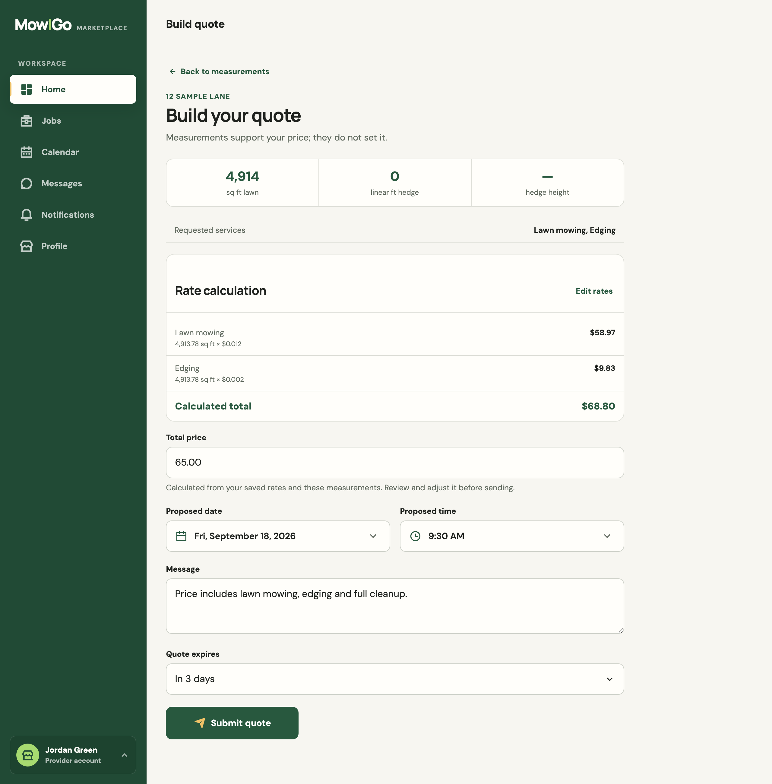 MowIGo quote builder with measured lawn area, a calculation from saved rates, an editable price, proposed date and time, and a message to the customer.